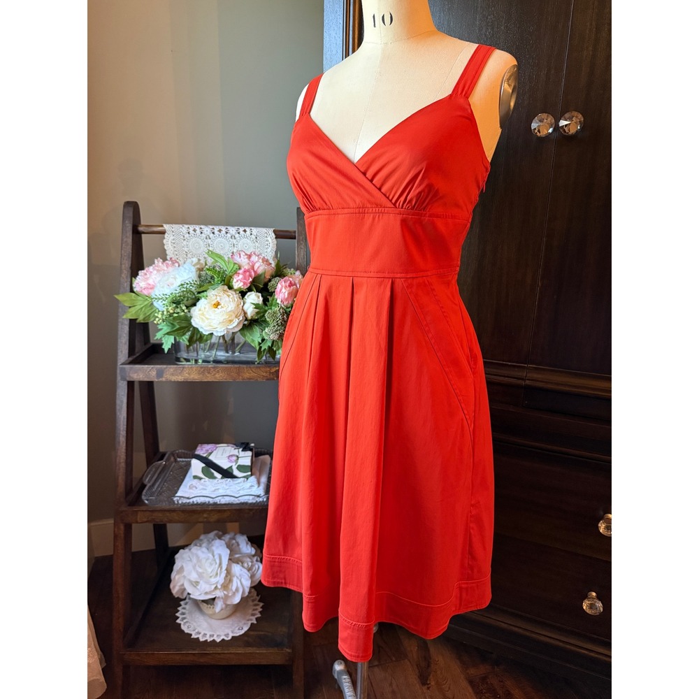 Burnt Orange Sleeveless V-Neck Fit and Flare Pleated Pocket Dress Women Size S